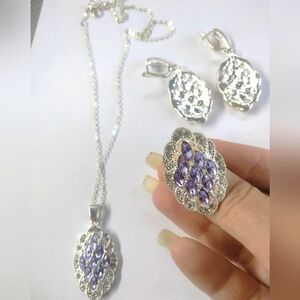 Jewelry set silver tone with purple stones necklace earrings and size 7 ring